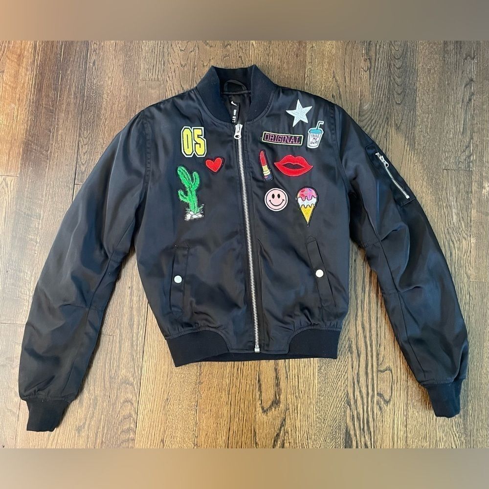 Design Lab Bomber Jacket Black Satin Patches Lips Lipstick Smiley Face Cactus